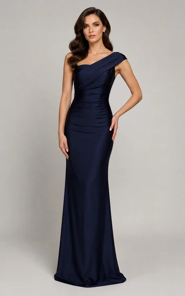 Dark Navy One-Shoulder Jersey Mermaid Formal Dress with Draped Neckline