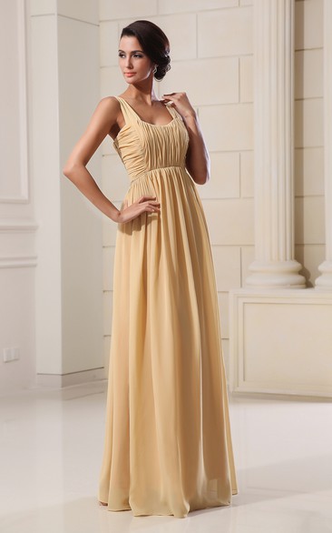 Chiffon Floor-Length Dress With Square-Neck and Pleating