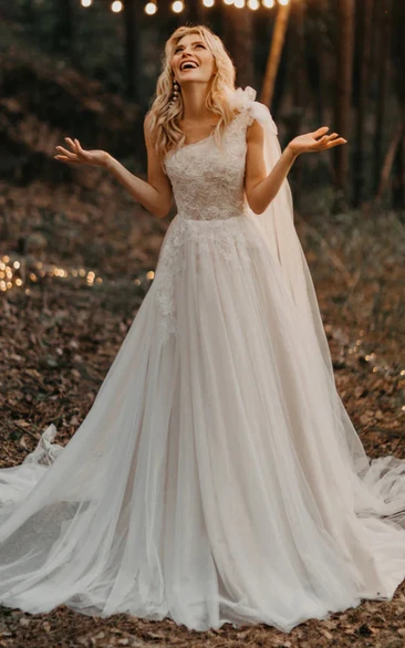 One-shoulder Empire A-line Lace Tulle Asymmetrical Country Wedding Dress