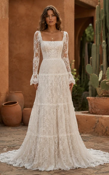 Vintage Boho Lace Wedding Dress with Square Neckline, Long Sleeves & Tiered A-Line Skirt