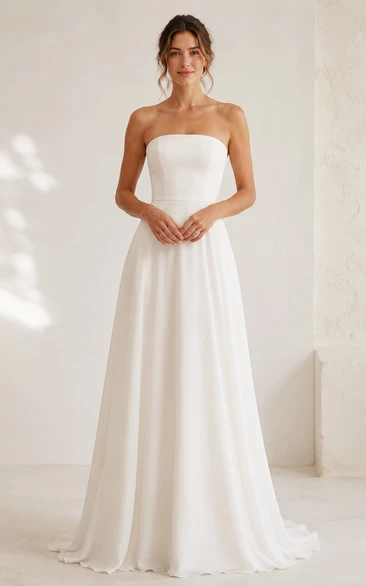 Strapless Chiffon A-Line Wedding Dress with Clean Bodice and Soft Train