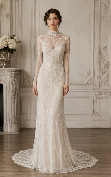 White High Neck Lace Sheath Vintage Wedding Dress