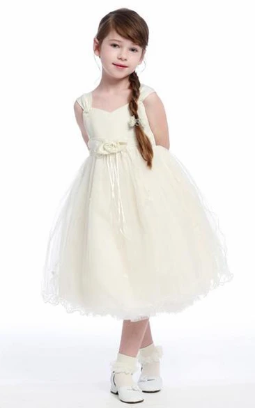 Tea-Length Floral Tulle&Satin Flower Girl Dress