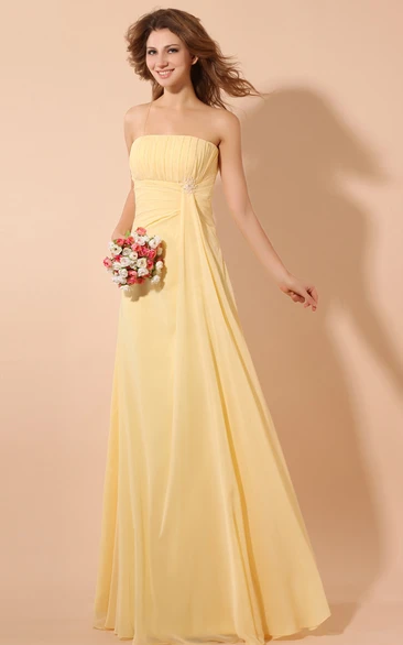 Strapless Chiffon Empire Dress With Pleating and Broach