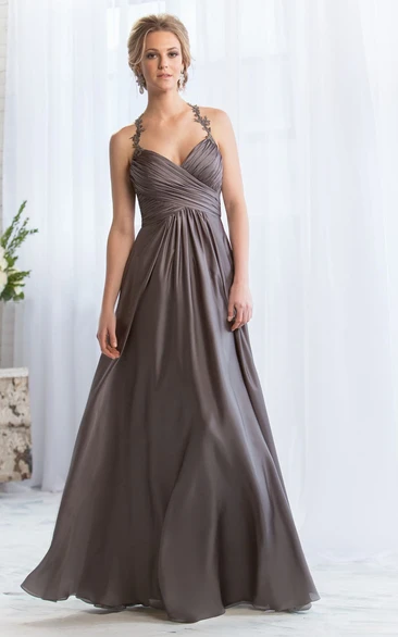 Halter A-Line Bridesmaid Dress With Appliques And Crisscross Ruching