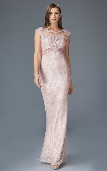 Sheath Long Scoop-Neck Cap-Sleeve Lace Keyhole Dress With Appliques