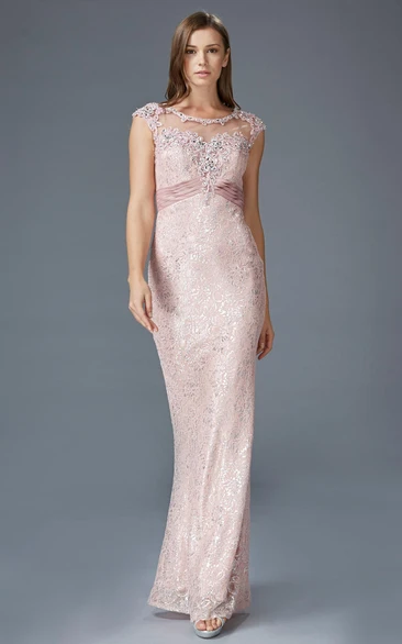 Sheath Long Scoop-Neck Cap-Sleeve Lace Keyhole Dress With Appliques