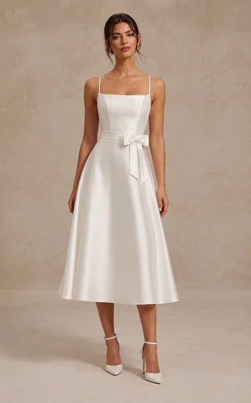 White Square Neck Satin Tea-length Dress with Bow