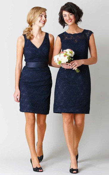 Pencil V-Neck Short Sleeveless Lace Bridesmaid Dress With Bow And V Back