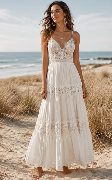 Beach Boho Wedding Dress with Spaghetti Straps, Lace Bodice & Tiered Maxi Skirt