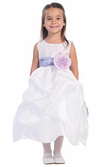 Tea-Length Floral Floral Ruched Taffeta Flower Girl Dress With Sash
