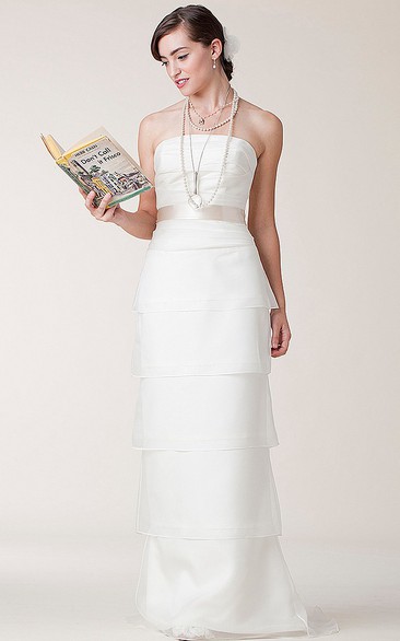 Sheath Tiered Strapless Long Sleeveless Satin Wedding Dress With Bow