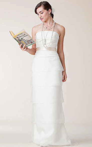 Sheath Tiered Strapless Long Sleeveless Satin Wedding Dress With Bow