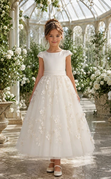 Simple Cap Sleeve Tulle Flower Girl Dress with Lace Appliques