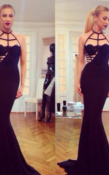 Specila Design Sexy Black Halter Mermaid Prom Gown Sweep Train Women Evening Dresses