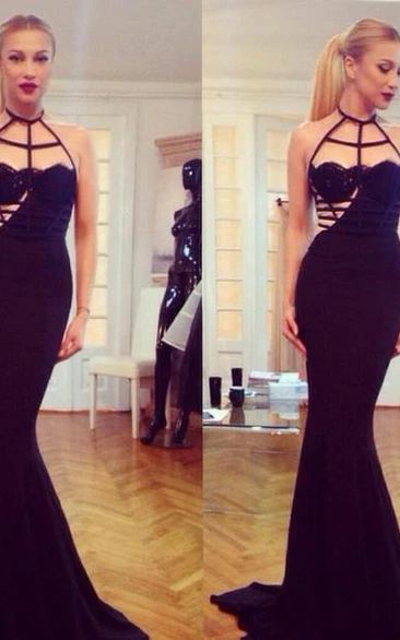 Specila Design Sexy Black Halter Mermaid Prom Gown Sweep Train Women Evening Dresses