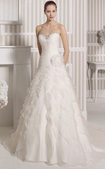 A-Line Tiered Sweetheart Organza Wedding Dress With Beading And Flower