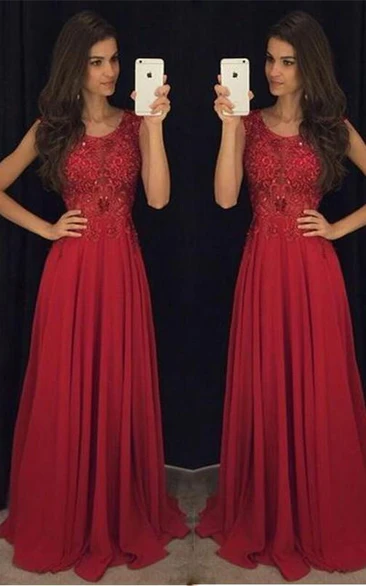 A-line Sleeveless Scoop Chiffon Beading Sweep Train Dresses