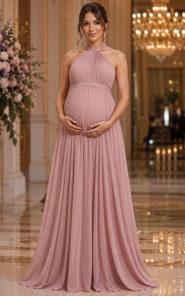 Maternity A-Line Maternity Dress with Halter, Sleeveless and Pleats, Floor Length