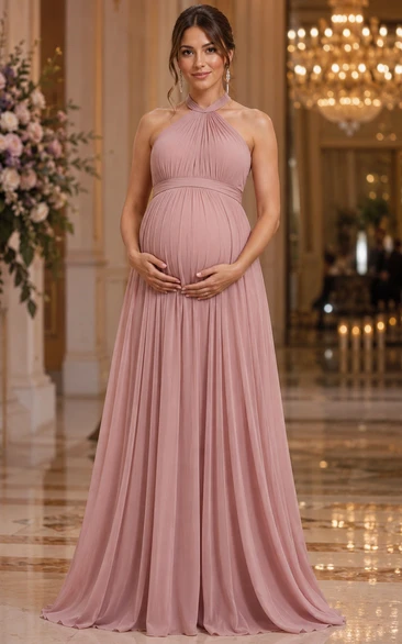 Maternity A-Line Maternity Dress with Halter, Sleeveless and Pleats, Floor Length