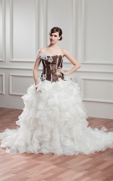 Strapless Appliqued Cascading Ruffles and Ball-Gown With Flower