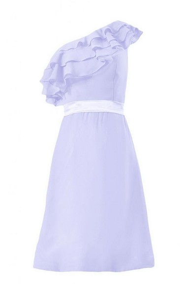 One-shoulder Tiered Chiffon Short Dress With Satin Band