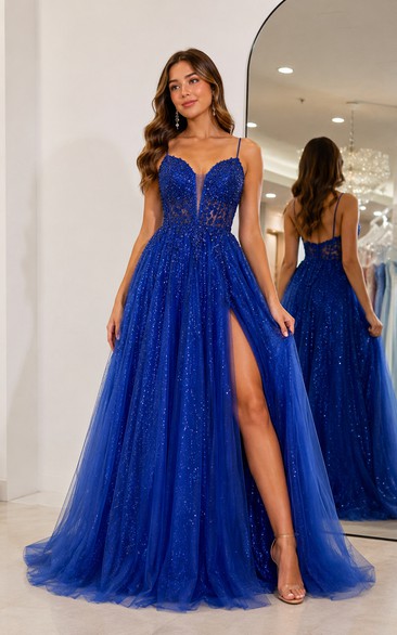 Tulle Prom Dress in Royal Blue, Spaghetti Strap, V-neck A-Line Floor-Length Gown with Sequins