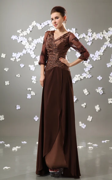 V-Neck 3-4 Sleeve Chiffon Floor-Length Dress With Ruched Top
