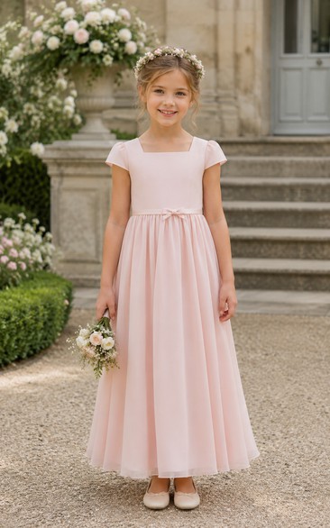 Simple Blushing Pink Chiffon Flower Girl Dress with Cap Sleeves