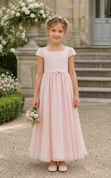 Simple Blushing Pink Chiffon Flower Girl Dress with Cap Sleeves