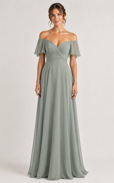 Sage Off-the-Shoulder Chiffon A-Line Bridesmaid Dress