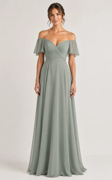 Sage Off-the-Shoulder Chiffon A-Line Bridesmaid Dress