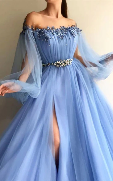 Flowy Off-the-shoulder Puff-long-sleeve Front Split Blue Evening Prom Dress with Beadings
