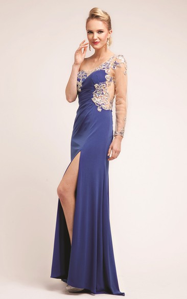 Sheath One-Shoulder Sleeveless Jersey Dress With Split Front And Beading