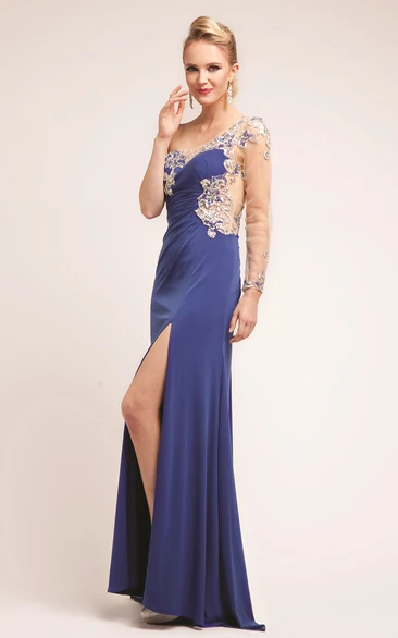 Sheath One-Shoulder Sleeveless Jersey Dress With Split Front And Beading