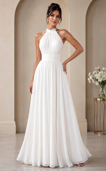 White Halter A-Line Wedding Dress