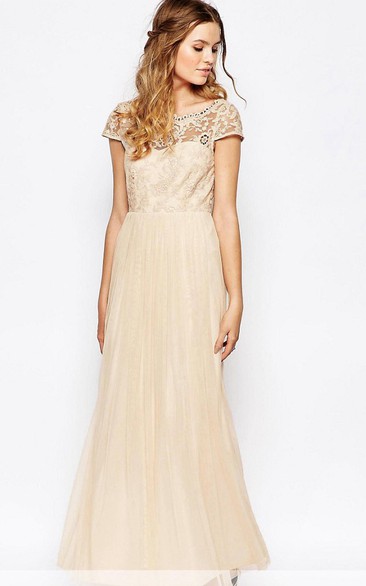 Ankle-Length Appliqued Scoop Neck Cap Sleeve Tulle Bridesmaid Dress