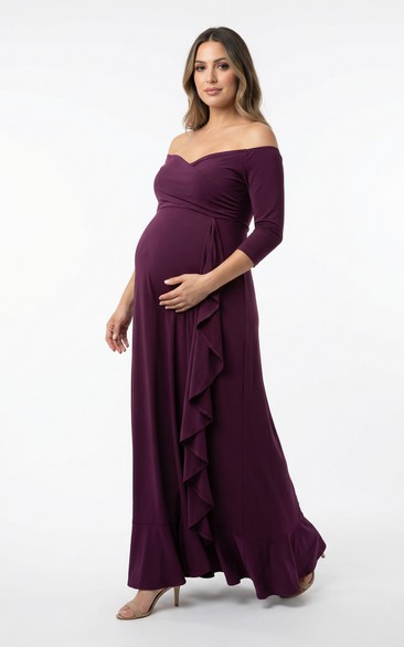 Plum Off-Shoulder Maternity Evening Dress with 3/4 Sleeves, Side Ruffles & Floor-Length Skirt
