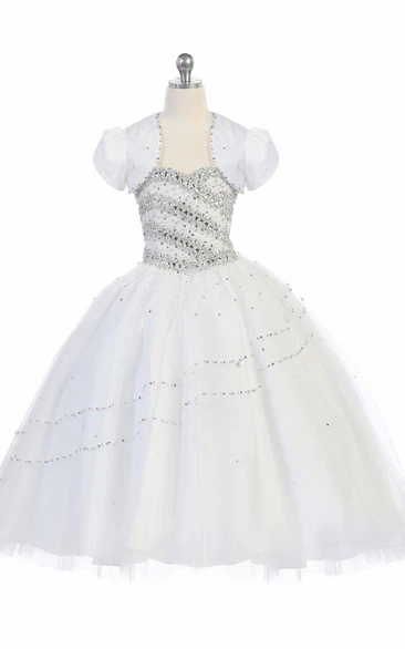 Bolero Tiered Beaded Tulle&Lace Flower Girl Dress
