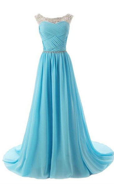 Elegant Scoop Long Ruching Chiffon Evening Dress With Crystals