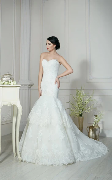 Mermaid Long Sweetheart Sleeveless Lace-Up Lace Dress With Tiers