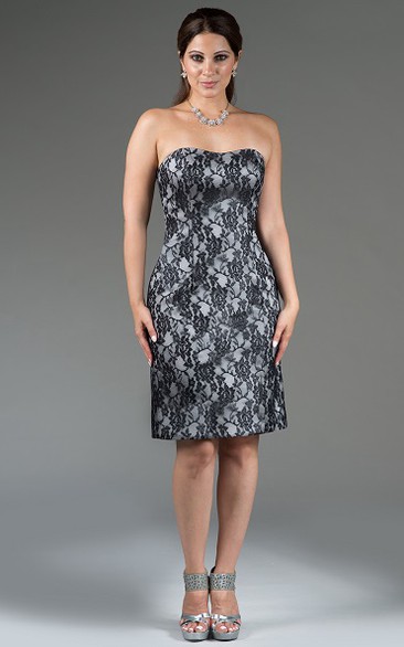 Simple Strapless Sheath Knee Length Lace Bridesmaid Dress