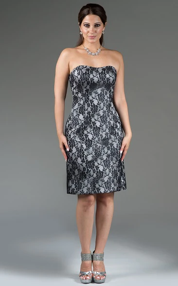 Simple Strapless Sheath Knee Length Lace Bridesmaid Dress