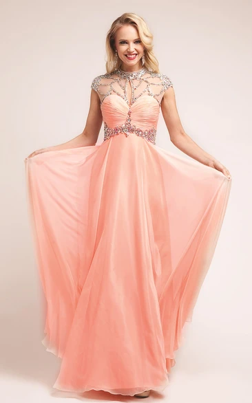 Sheath Floor-Length High Neck Cap-Sleeve Dress With Ruching And Beading