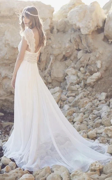 V-neck Cap Sheath Beach Flowy Chiffon Casual Wedding Dress with Beaded Top