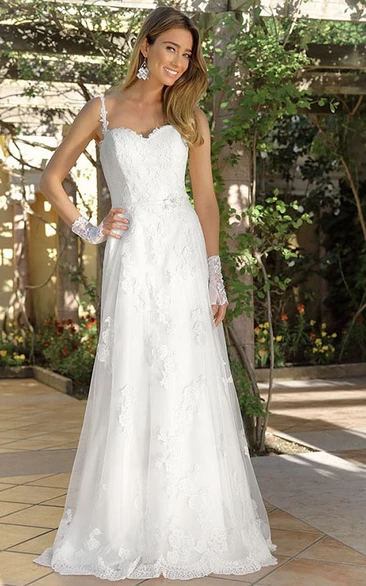 Sheath Maxi Spaghetti Lace Wedding Dress With Appliques