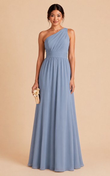 Steel Blue One-Shoulder Chiffon A-Line Bridesmaid Dress