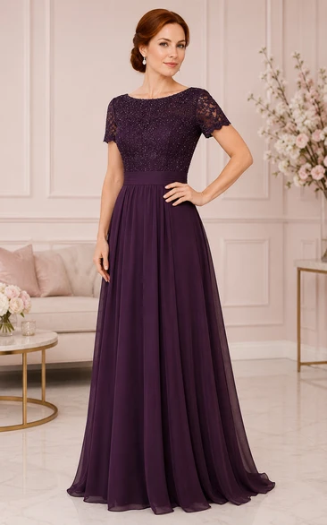 Vestido de gasa con corpiño de encaje color ciruela y corte en A, ideal para madres y eventos formales.