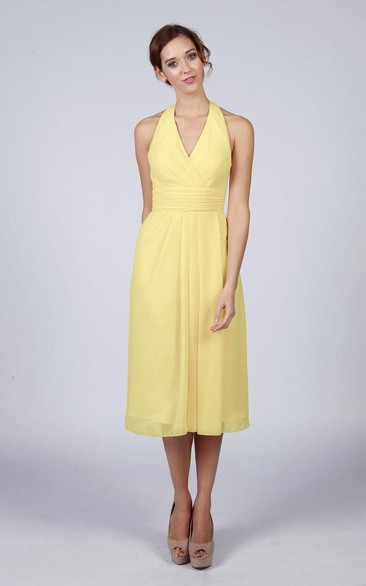 Halter V Neck A-line Chiffon Tea Length Dress Lemon Yellow