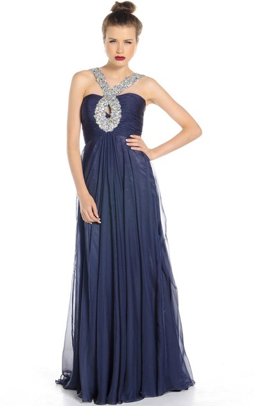 Straps Maxi Beaded Chiffon Prom Dress With Pleats